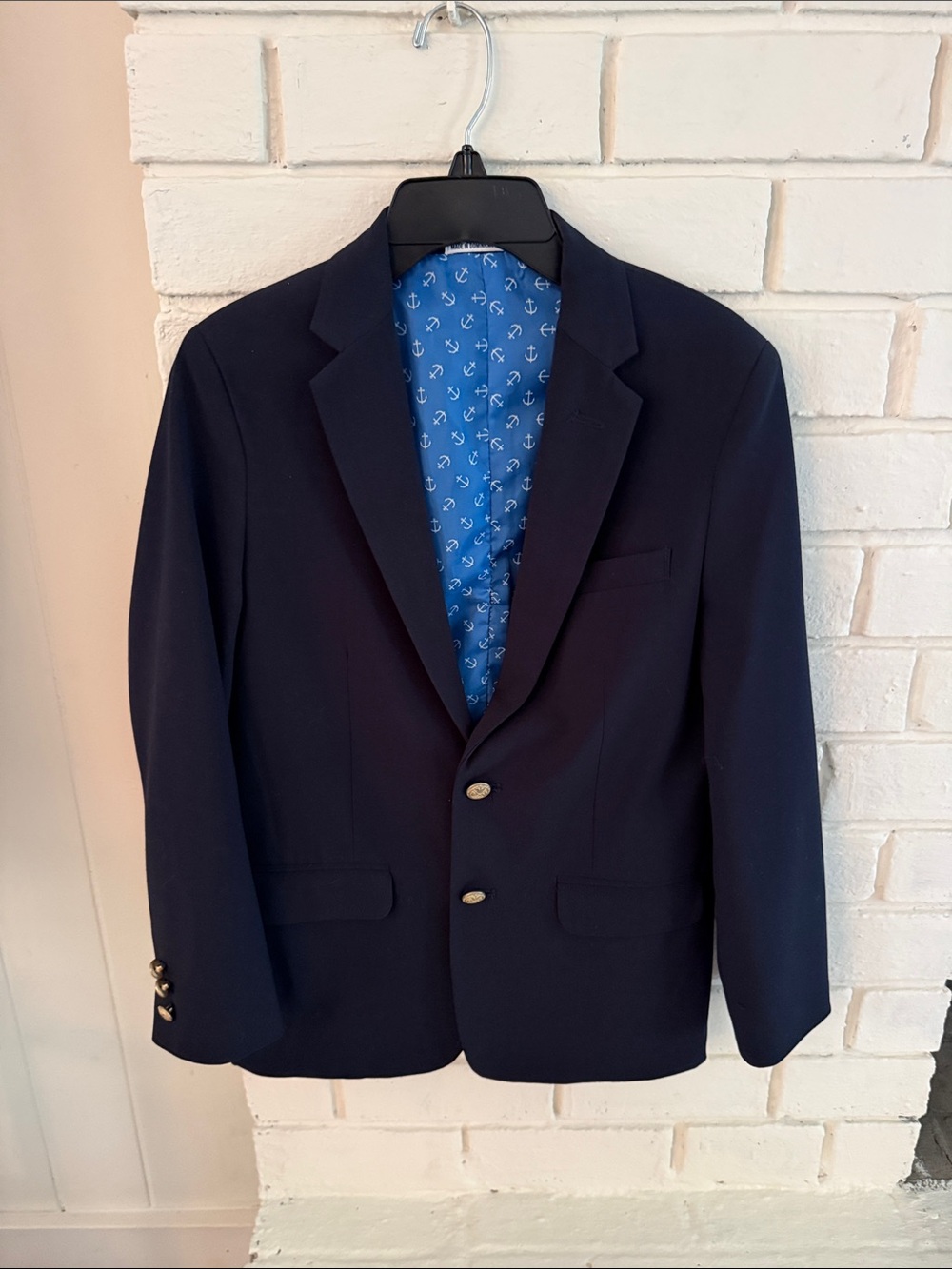 crown & ivy Boys Navy Blue Blazer with Anchor-Print Lining